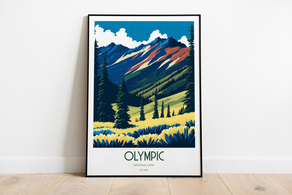 Colorful Olympic National Park Retro Travel Illustration Poster for Home