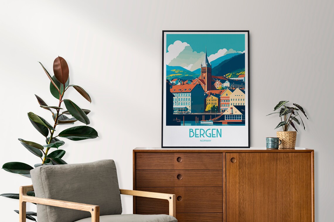 Bergen Norway Colorful Wharf Church Fjord Retro Travel Poster - Image 4