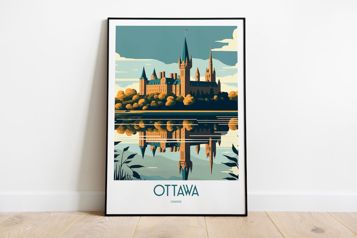 Ottawa Canada Parliament Towers Mirror Lake Vintage Travel Poster Art