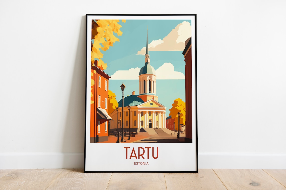 Tartu Estonia Old Town Church Vintage Travel Illustration Poster Decor