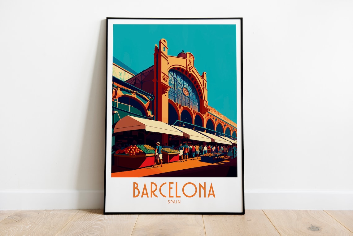 Barcelona Spain Historic Market Hall Fruit Stalls Travel Poster