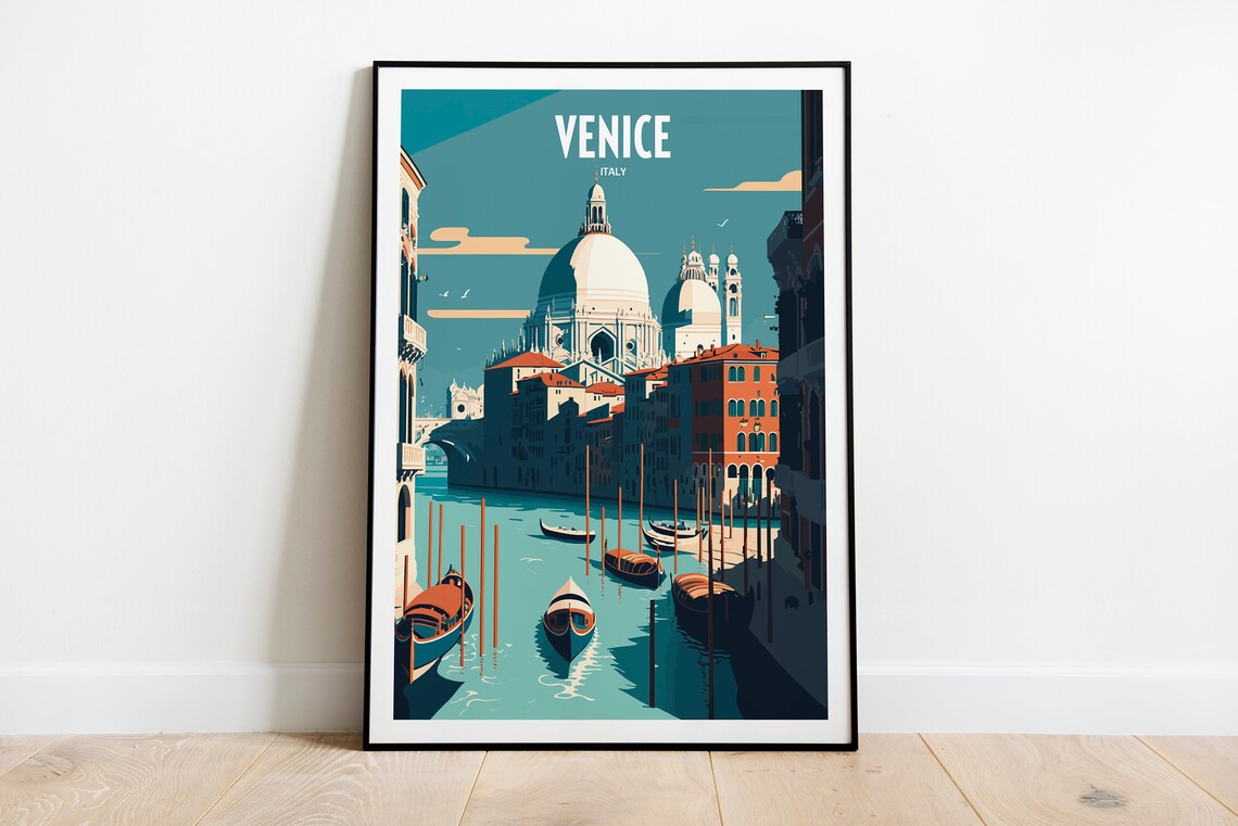 Venice Italy Grand Canal Gondolas Basilica Vintage Travel Poster