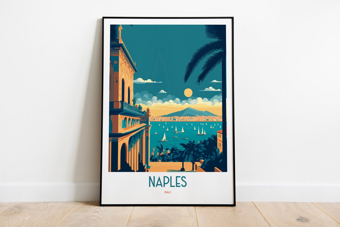 Naples Italy Bay Sunset Sailboats Classic Vintage Travel Poster
