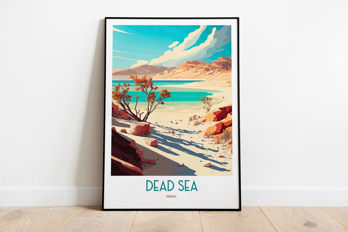 Dead Sea Israel Desert Shore Travel Poster Turquoise Beach Vintage Art
