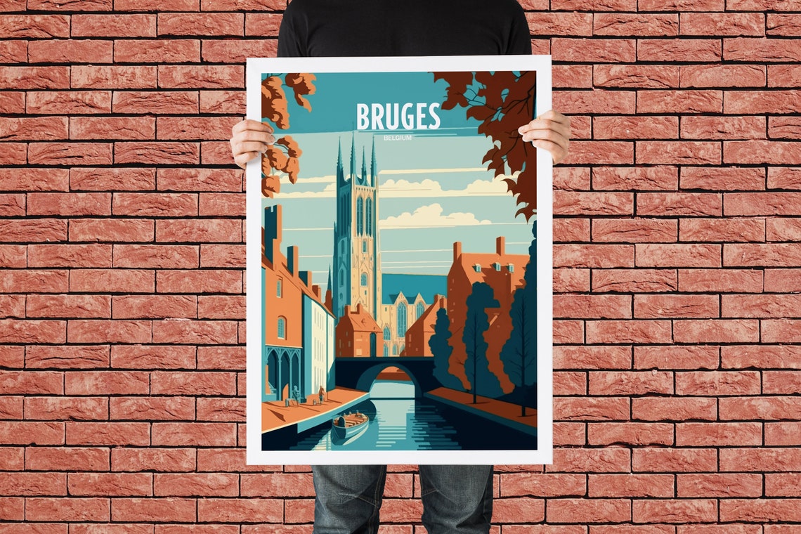 Bruges Belgium Gothic Bell Tower Canal Scene Retro Travel Poster - Image 4