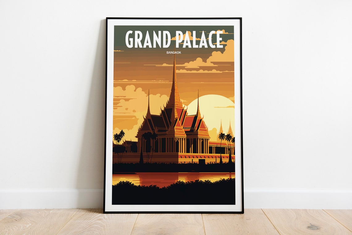 Grand Palace Bangkok Thailand Sunset Travel Poster Vintage Wall Decor