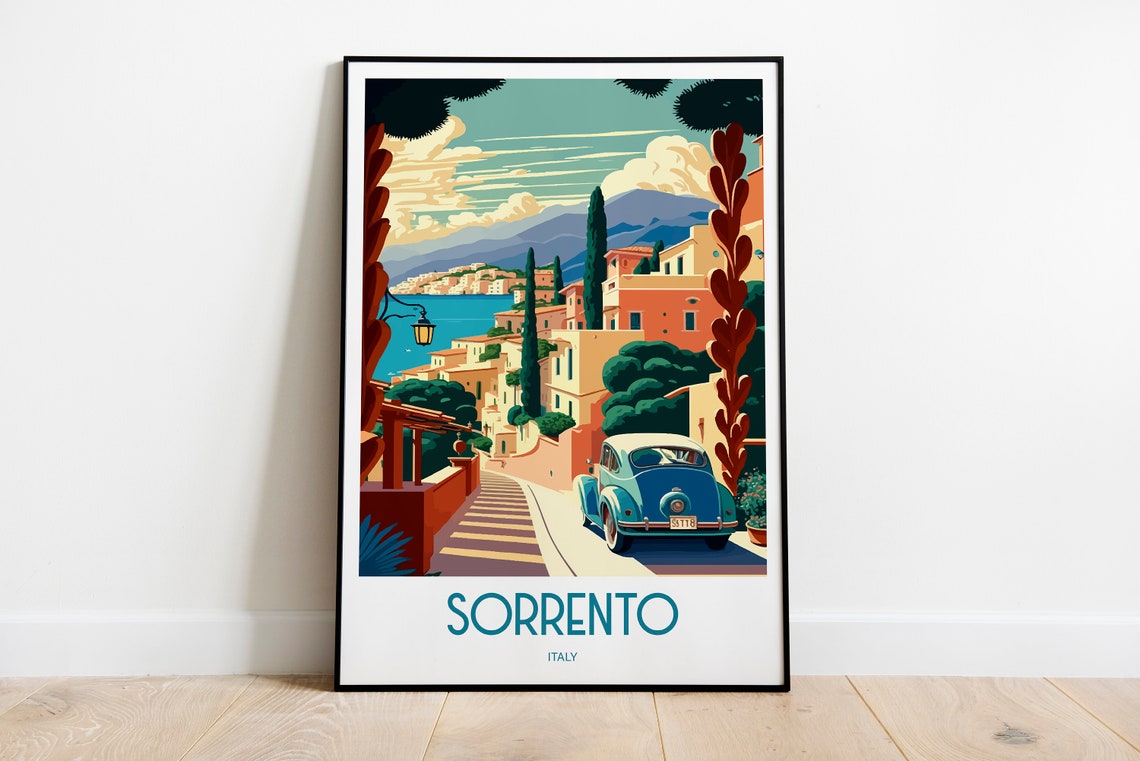 Sorrento Italy Cliffside Town Classic Car Street Travel Art Poster