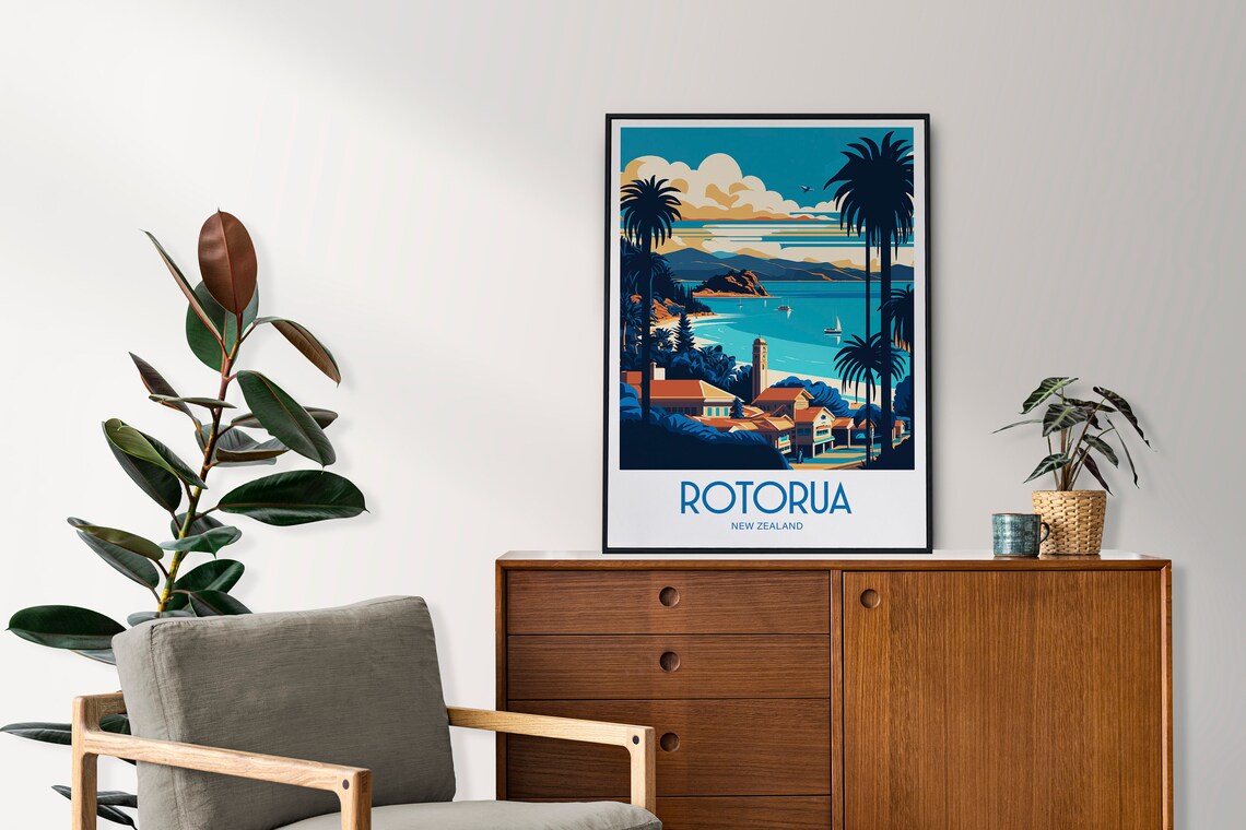 Rotorua New Zealand Travel Poster with Bay Boats Palms and Beach - Image 5
