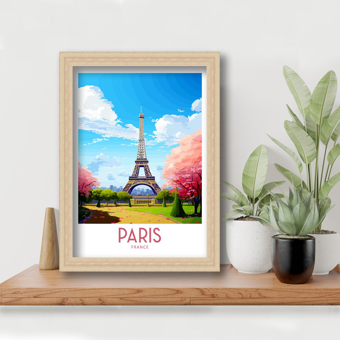 Eiffel Tower Paris France Travel Poster Cherry Blossom Vintage Art - Image 2