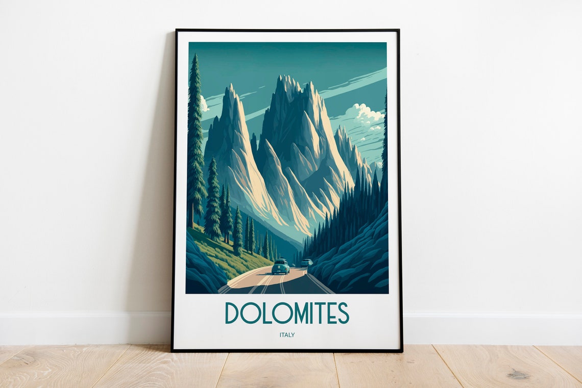 Dolomites Italy Jagged Mountain Peaks Road Vintage Travel Art Poster