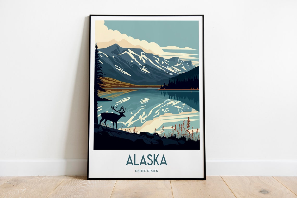 Alaska United States Mountain Lake Deer Vintage Travel Poster