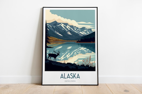 Alaska United States Mountain Lake Deer Vintage Travel Poster