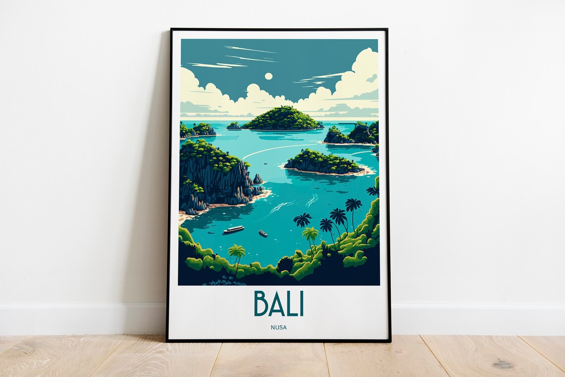 Bali Nusa Green Islands Tropical Palm Coast Vintage Travel Poster