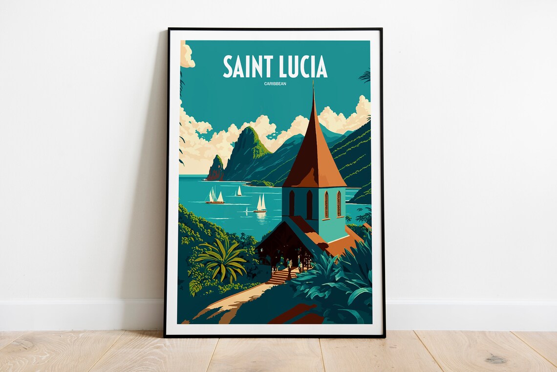Saint Lucia Travel Poster, Caribbean Map Art Print