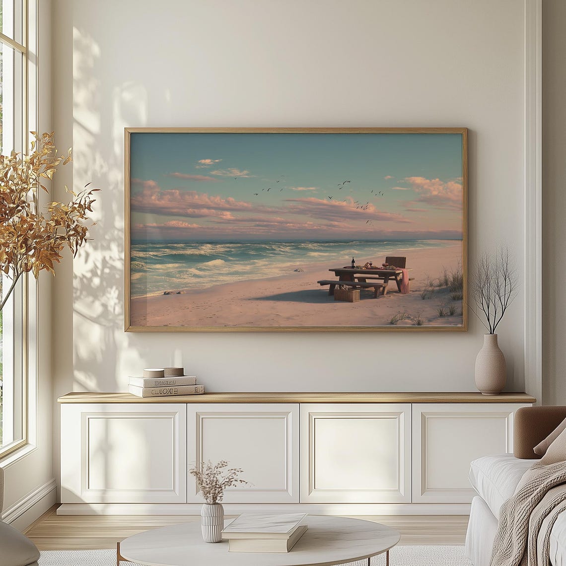 Dreamy Beach Sunset Picnic Coastal Ocean View Frame TV Wall Art