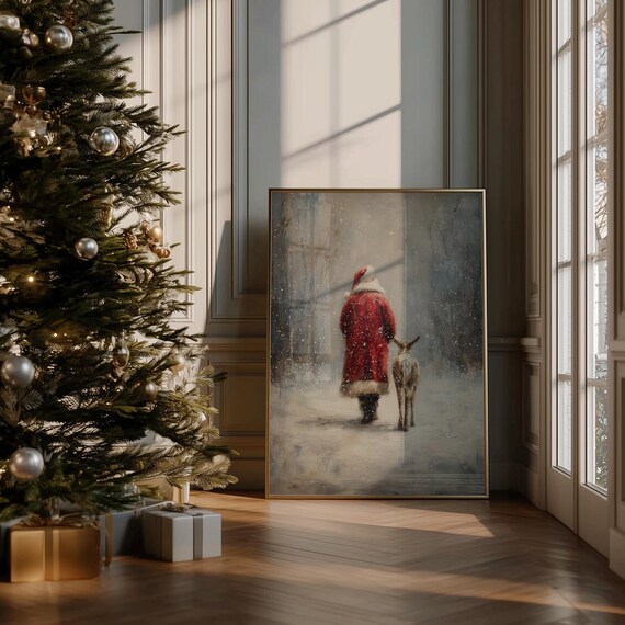 Vintage Santa Claus with Reindeer Walking in Snow Christmas Poster