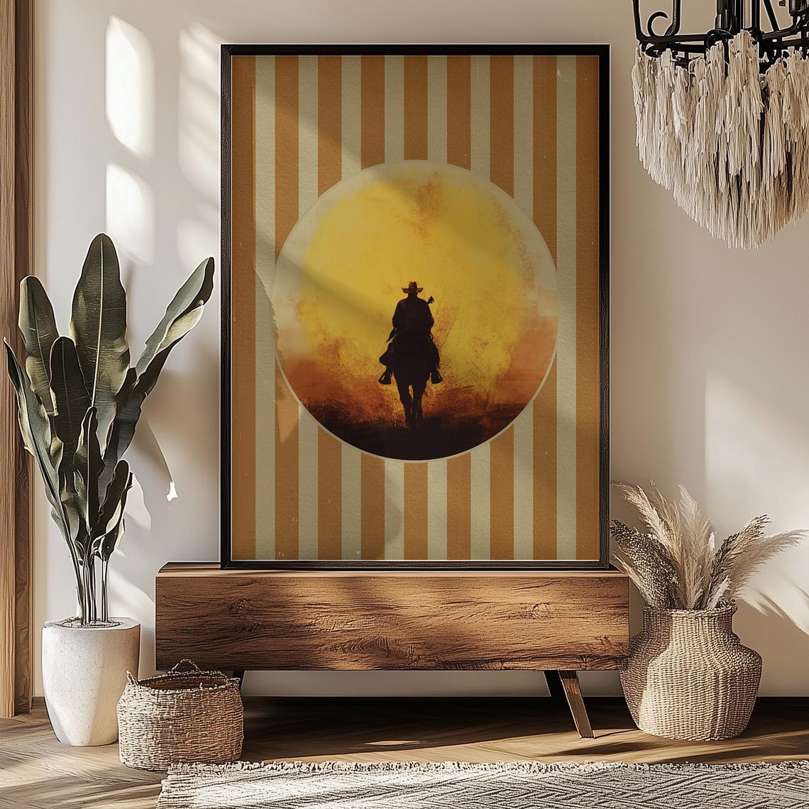 Cowboy Silhouette Riding Horse Sunset Desert Western Art Poster