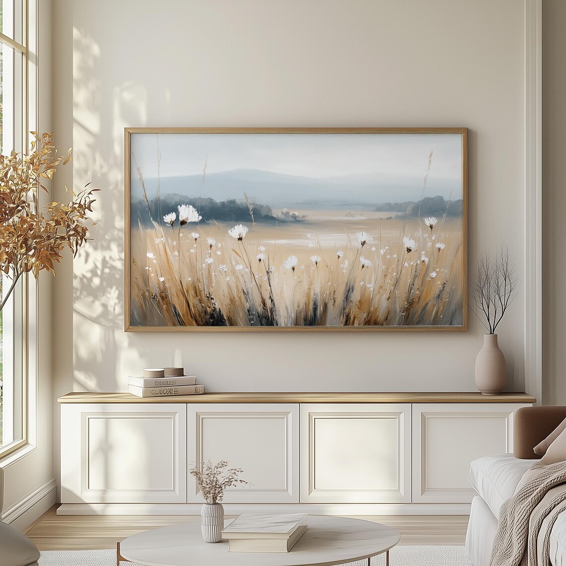 Wildflower Meadow Field Painting Neutral Farmhouse Frame TV Wall Art