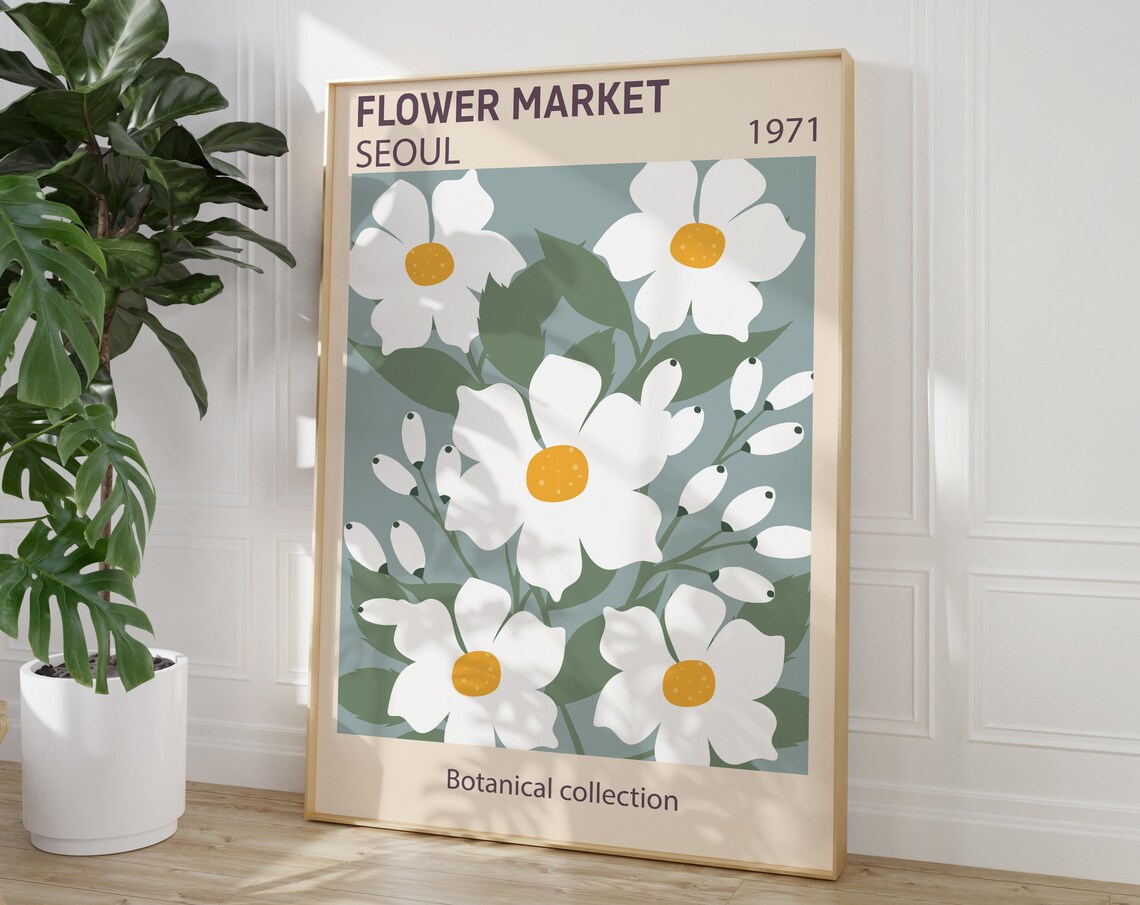 Flower Market Seoul 1971 White Daisy Botanical Collection Poster