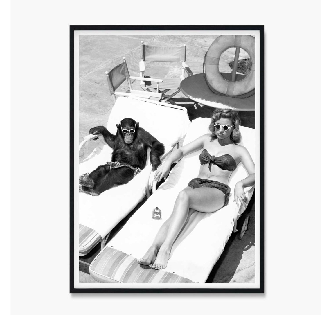 Chimpanzee and Woman Sunbathing Sunglasses Vintage Photo Poster - Image 4