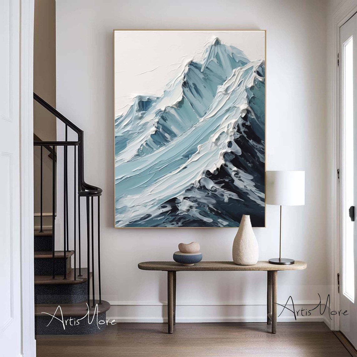 Blue White Snow Mountain Painting Textured Alpine Peak Winter Wall Art - Image 4