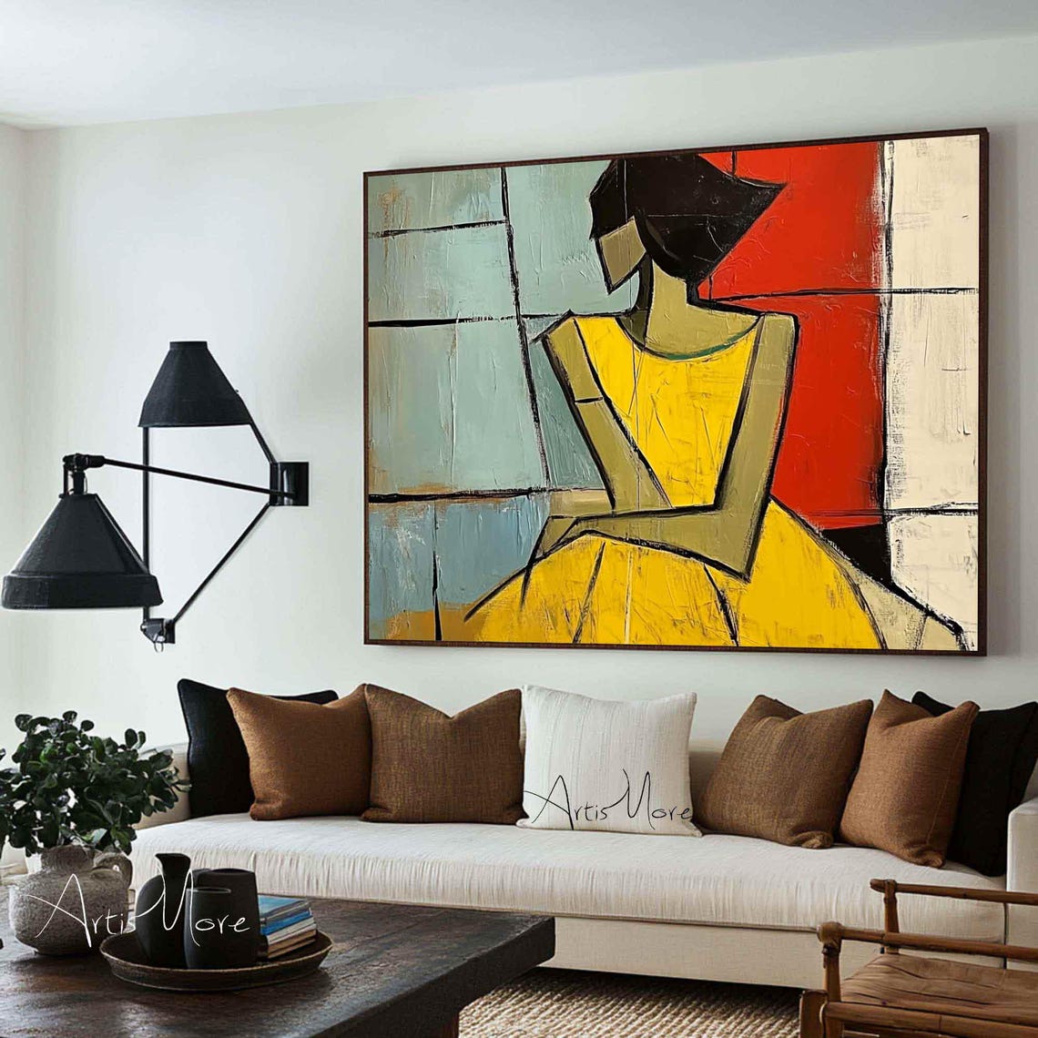 Woman Portrait Painting Woman Figure Art Female Figure Minimalist Painting Wabi Sabi Art Yellow Texture Painting Original Framed Art - Image 3