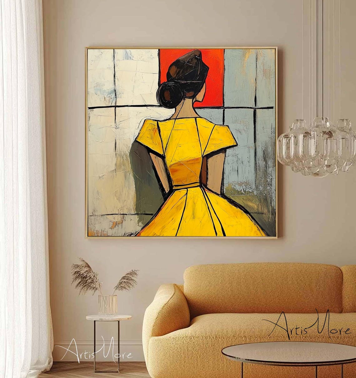 Abstract Woman Back View Yellow Dress Modern Figurative Art Poster - Image 5