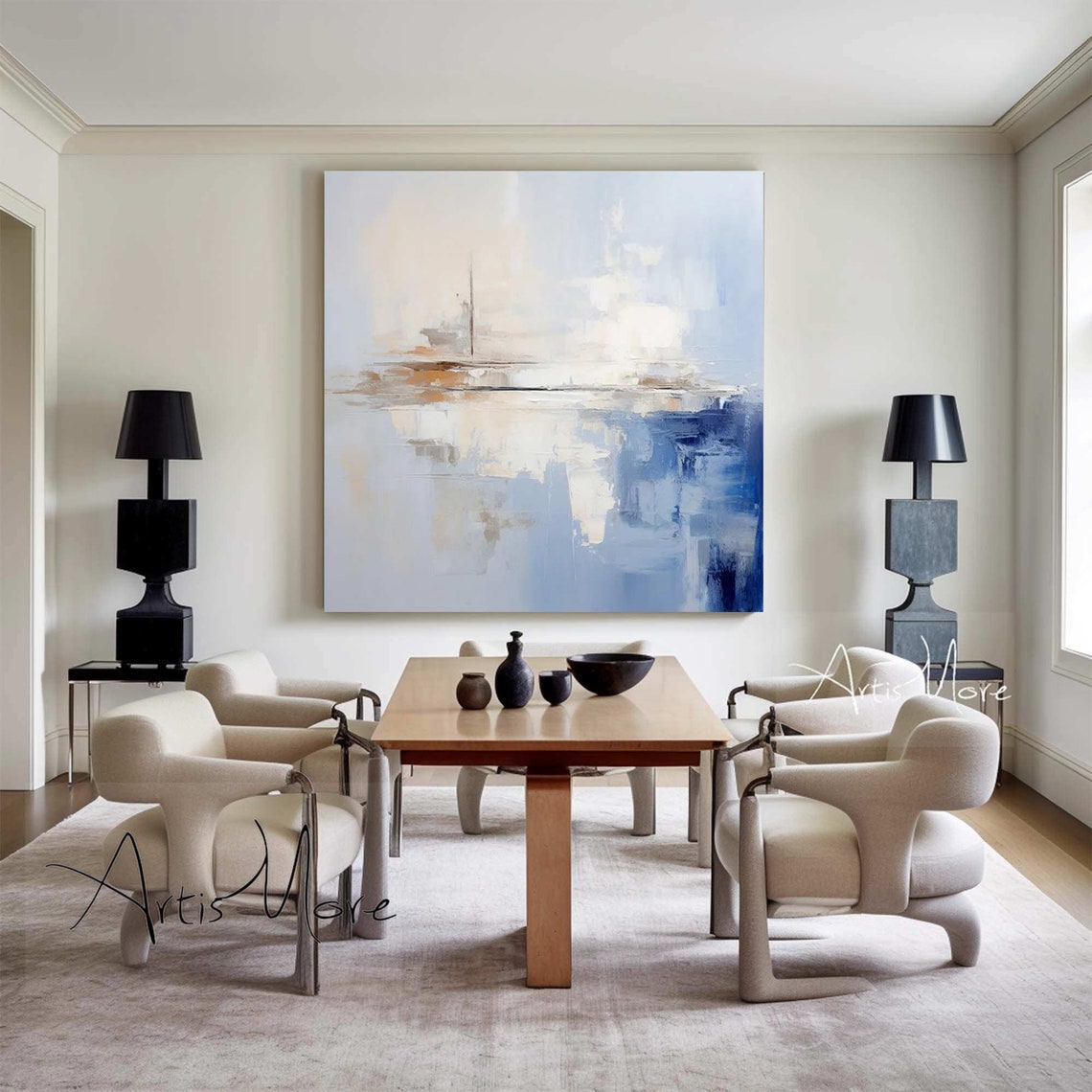 Blue Beige Textured Abstract Seascape Horizontal Landscape Wall Art - Image 5