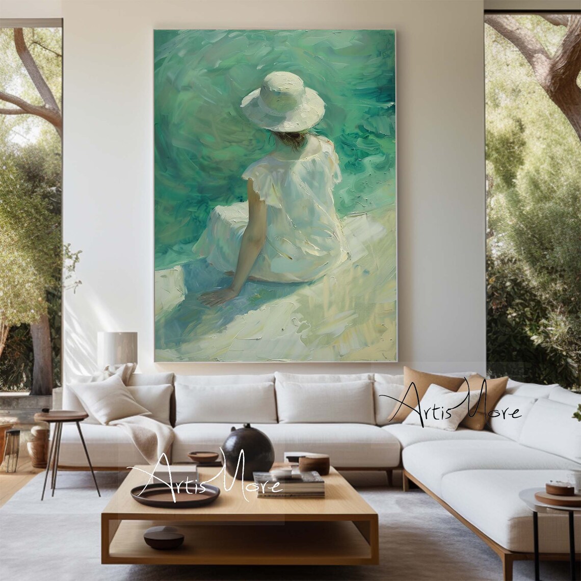 Woman White Hat Emerald Water Figure Painting Green Impressionist Wall Art - Image 5