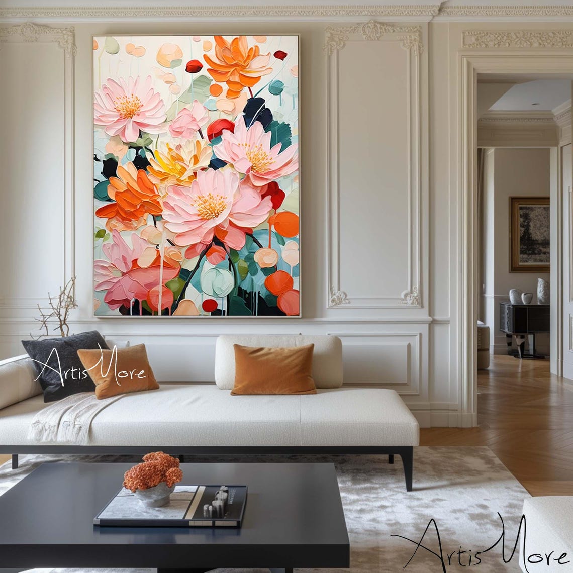 Pink Orange Floral Painting Abstract Blossom Texture Vertical Wall Art - Image 4
