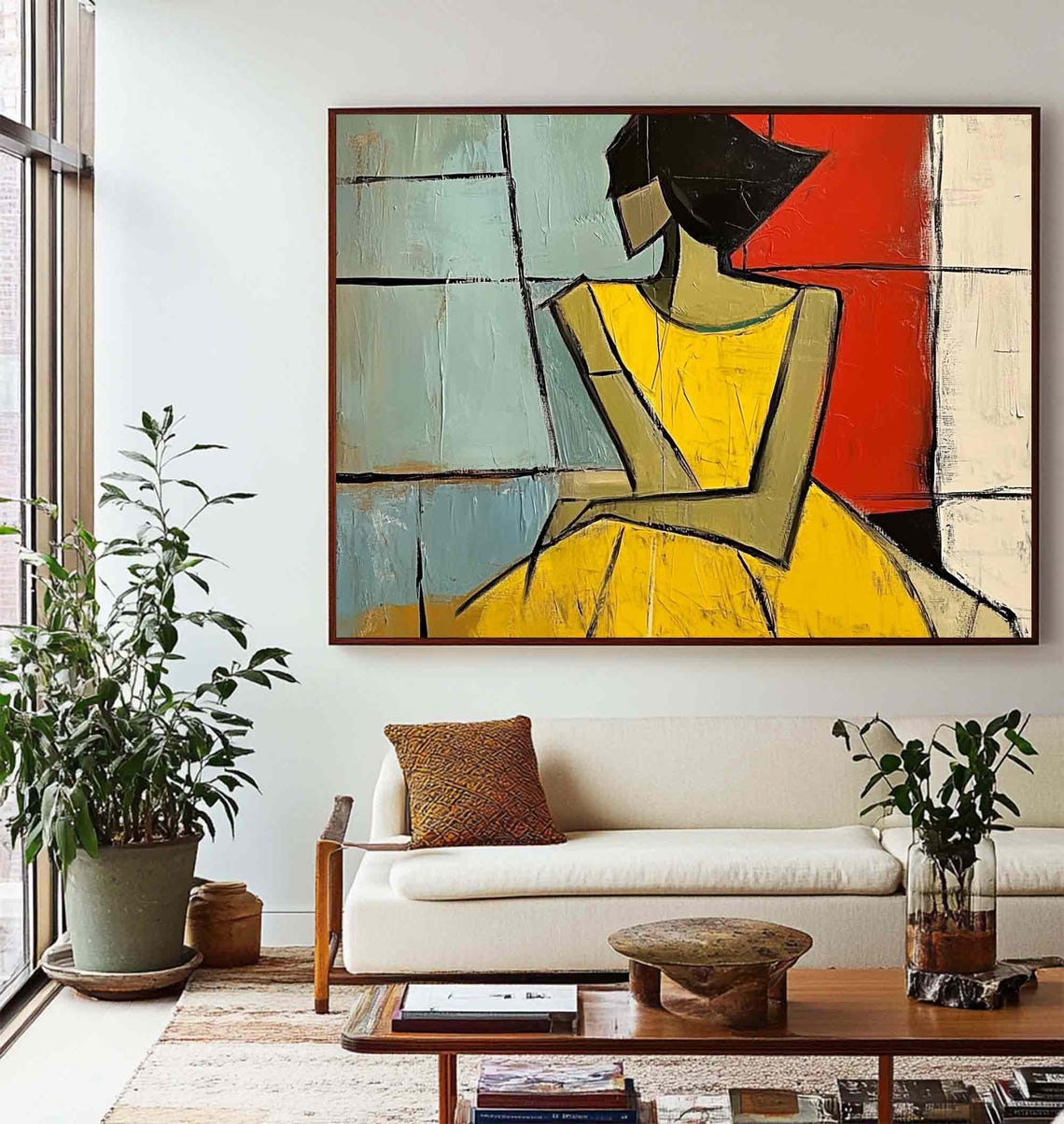 Woman Portrait Painting Woman Figure Art Female Figure Minimalist Painting Wabi Sabi Art Yellow Texture Painting Original Framed Art - Image 5