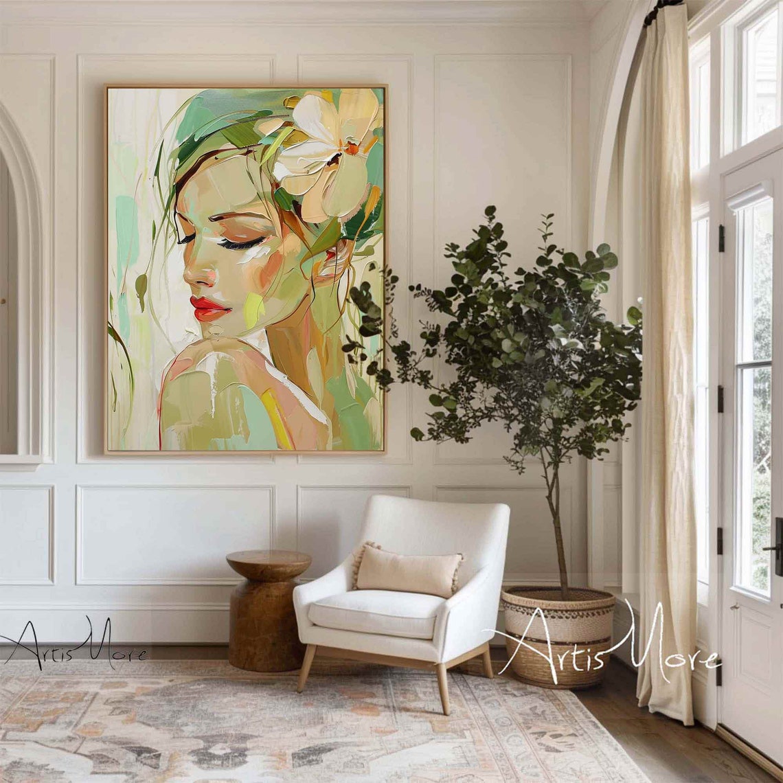 Pretty Girl Portrait Painting Female Figure Wall Art Green Texture Painting Large Abstract People Art Wall Art Living Room Wall Decor - Image 5