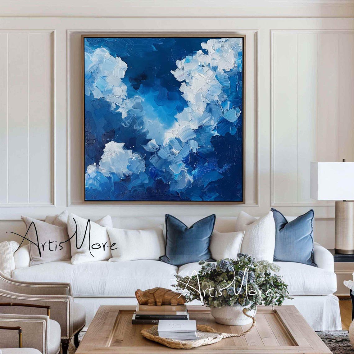 Blue White Textured Cloudscape Abstract Sky Impasto Canvas Poster - Image 2