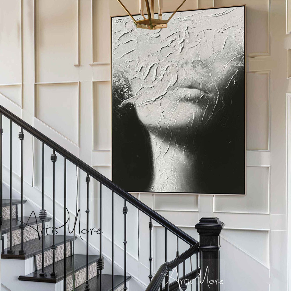 Black White Faceless Woman Portrait Texture Painting Modern Figure Art - Image 3