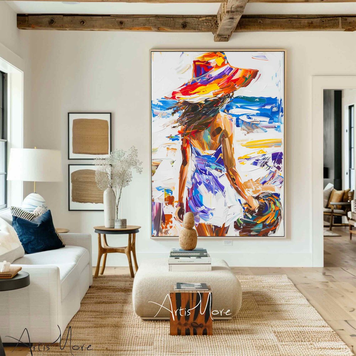 Colorful Woman in Hat Flowing Dress Abstract Figure Painting Joyful Wall Art - Image 4