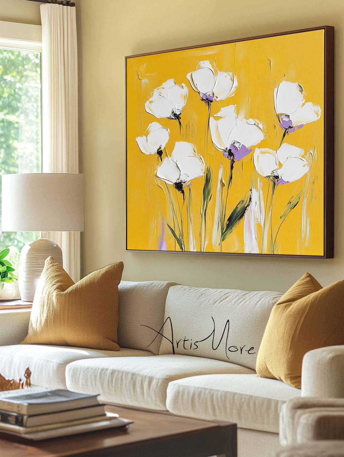 White Anemone Flowers Bold Yellow Background Texture Art Poster - Image 2