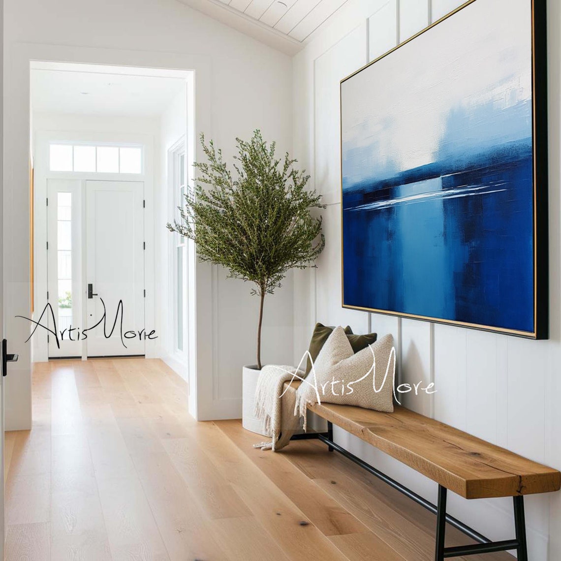 Cobalt Blue White Abstract Painting Square Minimalist Modern Wall Art - Image 3