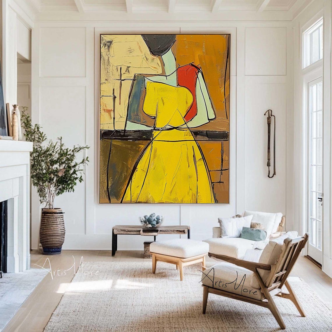 Abstract Woman Yellow Dress Elongated Golden Canvas Art Poster - Image 2