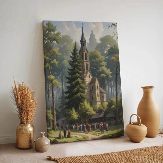 Vintage Church Landscape Canvas Wall Art Historical Architecture Decor Classic Forest Scene Framed Rustic