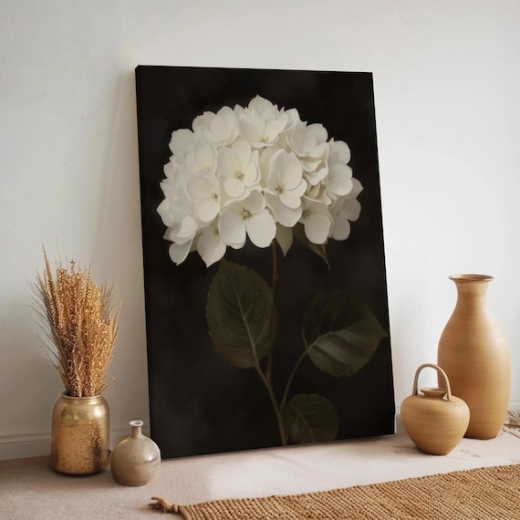 White Hydrangea Bloom Dark Moody Floral Botanical Art Poster