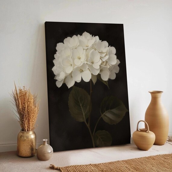 White Hydrangea Wall Art Botanical Flower Canvas Print Minimalist Floral Artwork Dark Background Vintage Style Elegant Home Decor