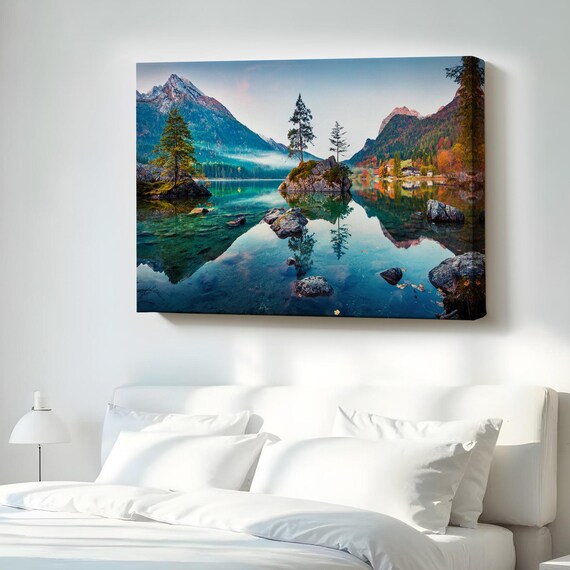 Alpine Mountain Lake Mirror Reflection With Pines Landscape Print