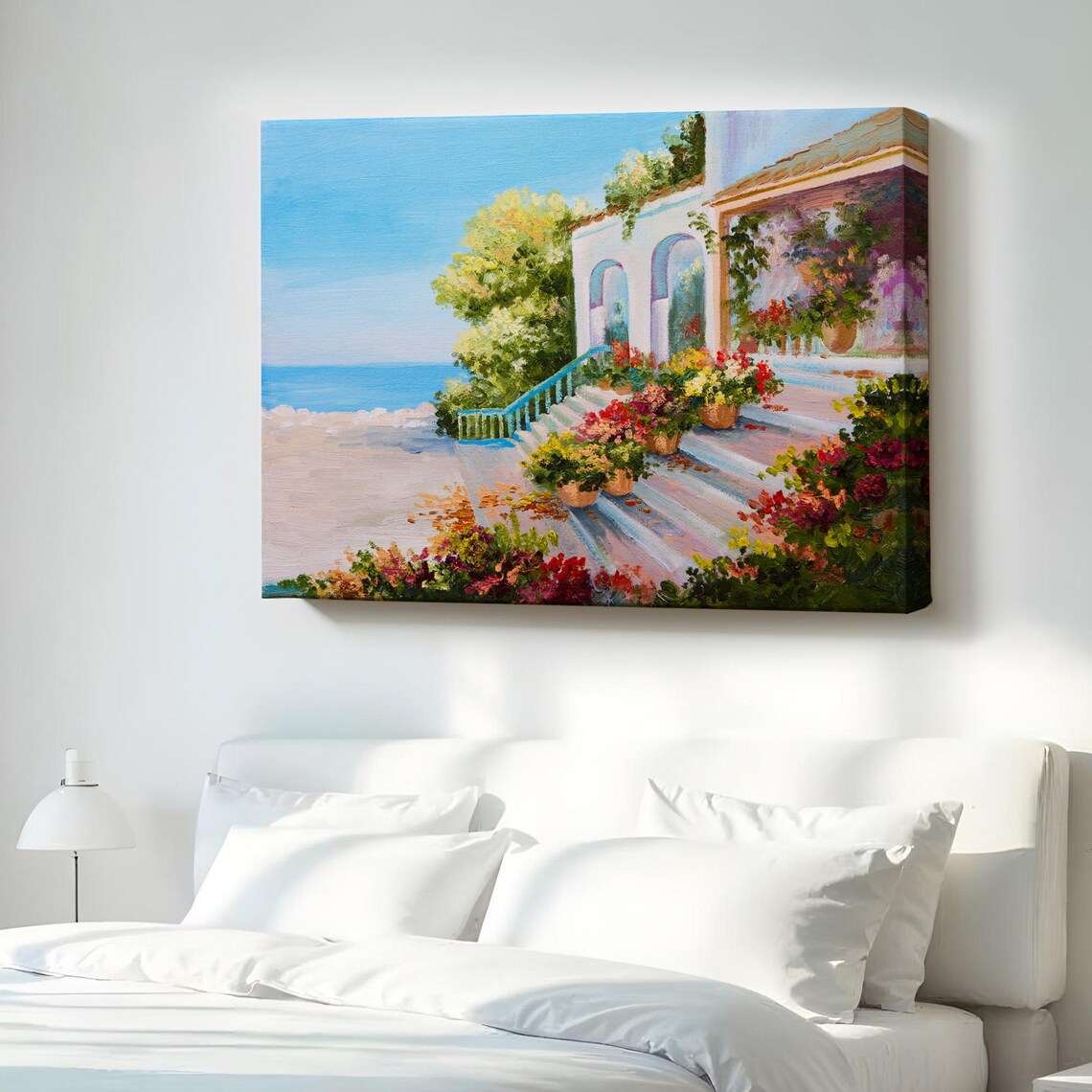 Mediterranean Villa Terrace Flowers Overlooking Sea Oil Painting Canvas Poster