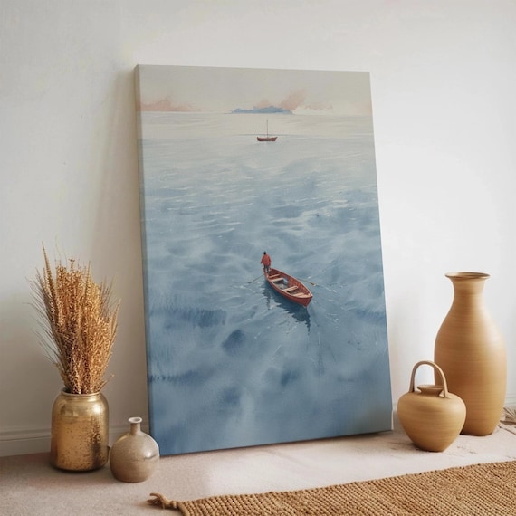 Minimal Red Boat Calm Ocean Seascape Peaceful Water Canvas Wall Art