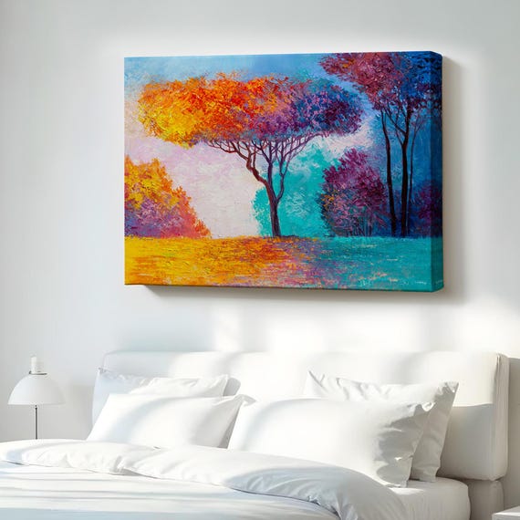Colorful Trees Oil Painting Look Decorative Canvas Wall Art Abstract Modern Decor Housewarming Gifts Large
