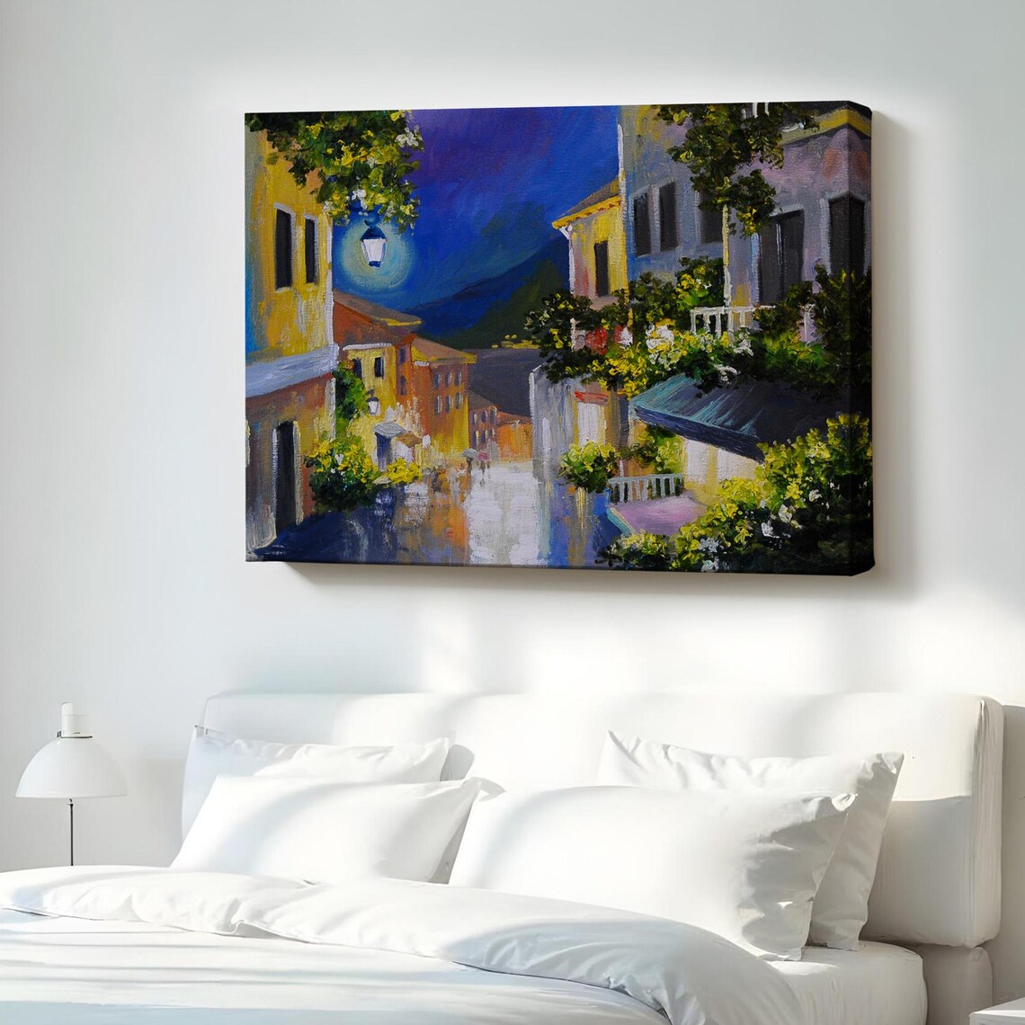 Moonlit Mediterranean Village Street Night Oil Painting Art Poster