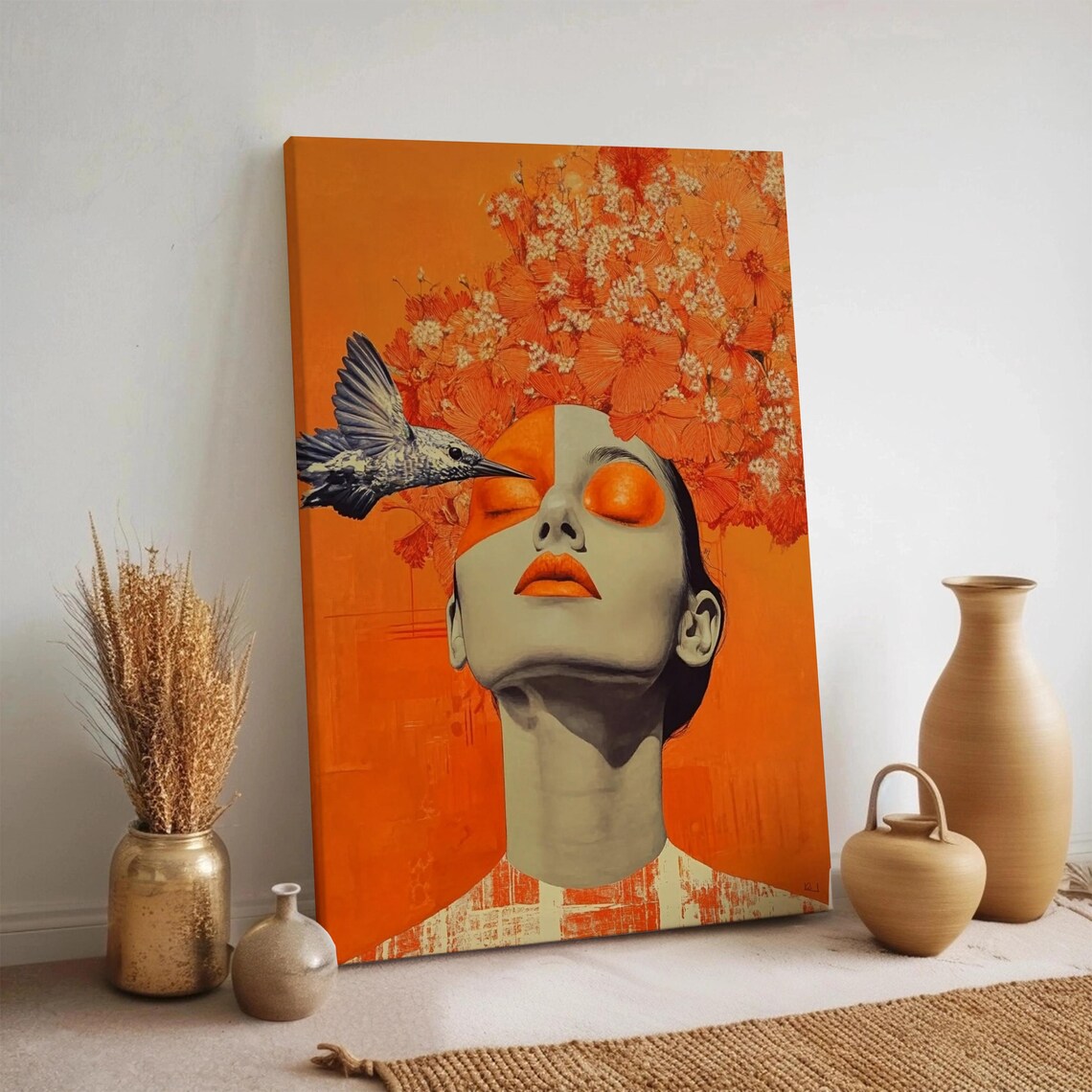 Bold Orange Woman Portrait With Floral Crown Hummingbird Poster