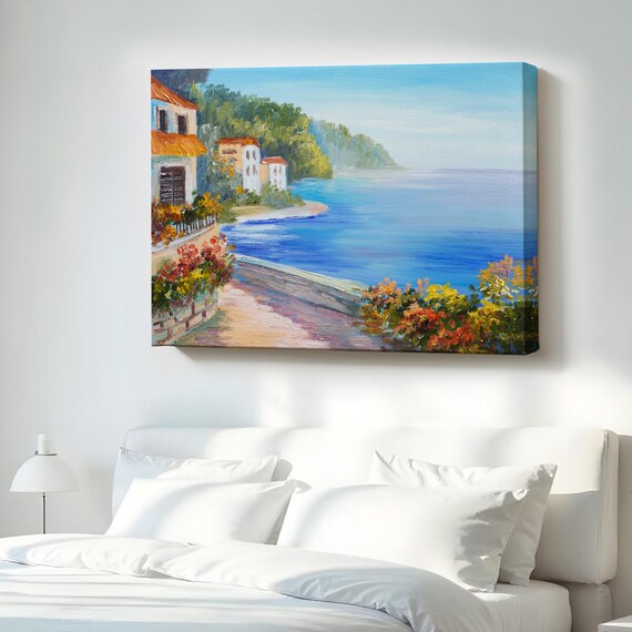 Mediterranean Seaside Village Oil Painting Coastal Canvas Poster