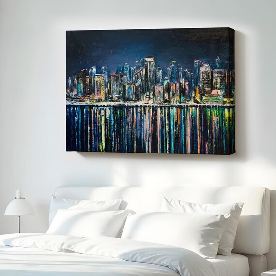 City Skyline At Night Oil Painting Colorful Lights Reflection Art Poster