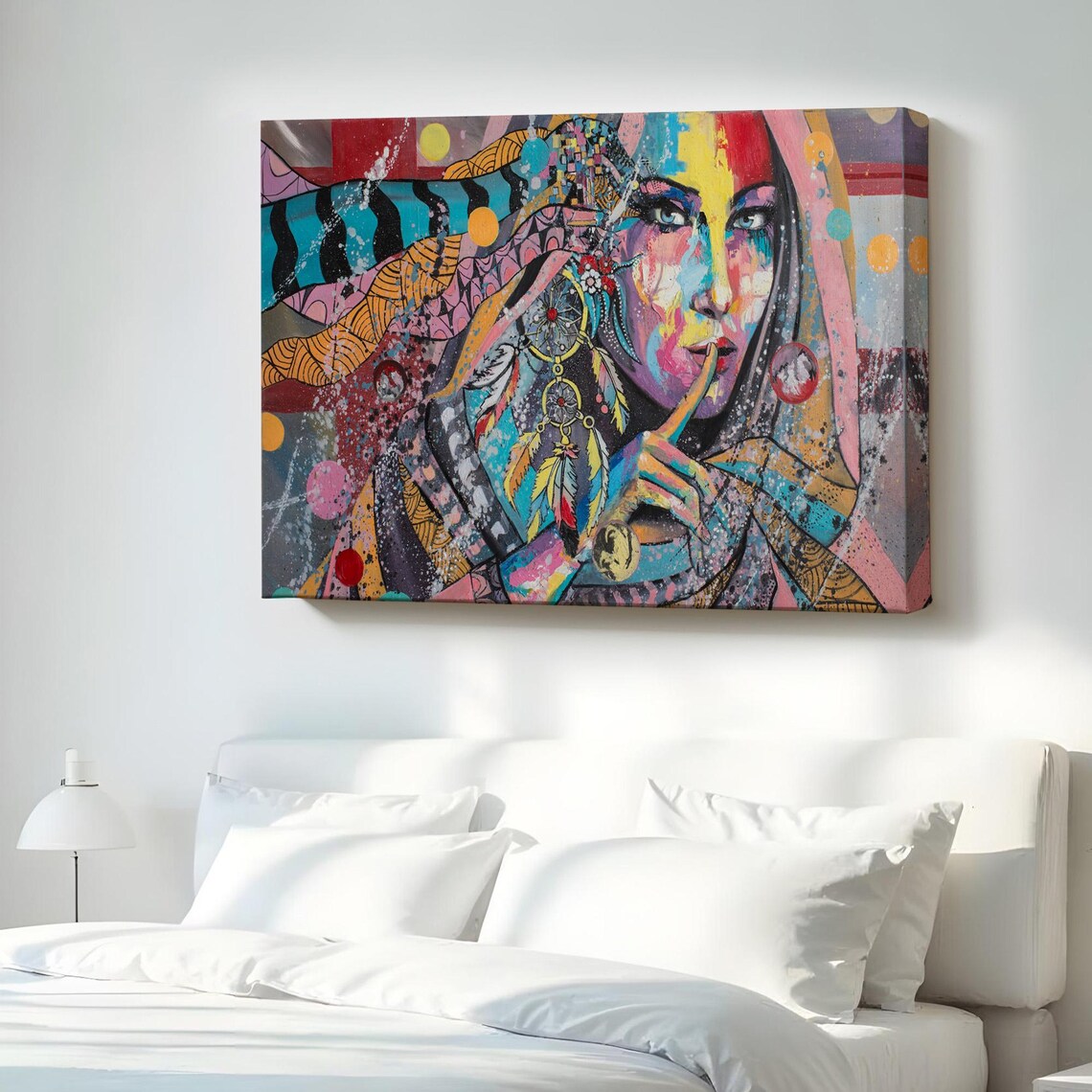 Colorful Pop Art Woman Shh Gesture Dreamcatcher Earring Portrait Poster